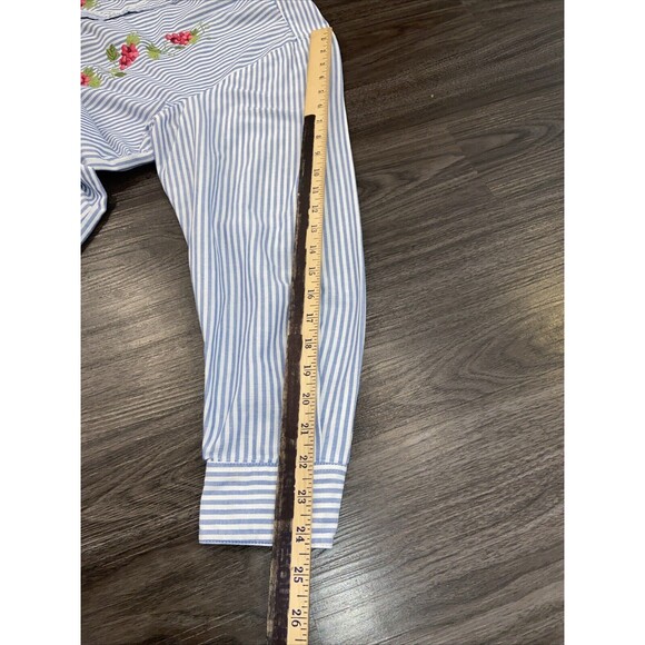 Vintage 90s BonWorth Blue White Vertical Stripe Flower Embroidered Top Sz XL - Picture 10 of 13